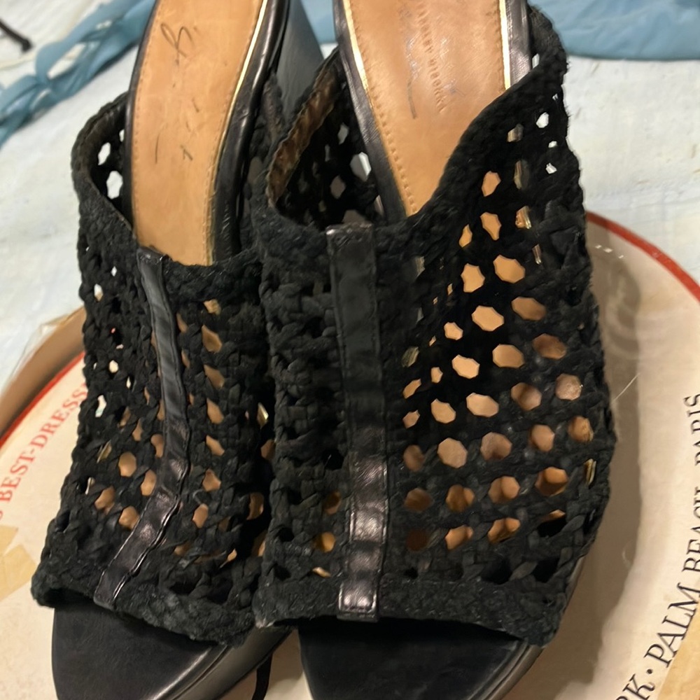 Bradley Mischka, black net, wedge heel size 10